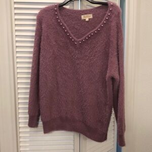 Super cozy lavender sweater with faux Pearl details at neck